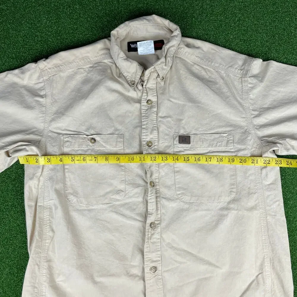 Vintage Wrangler Riggs Workwear Beige Short Sleeve Chambray Work Shirt Sz L
